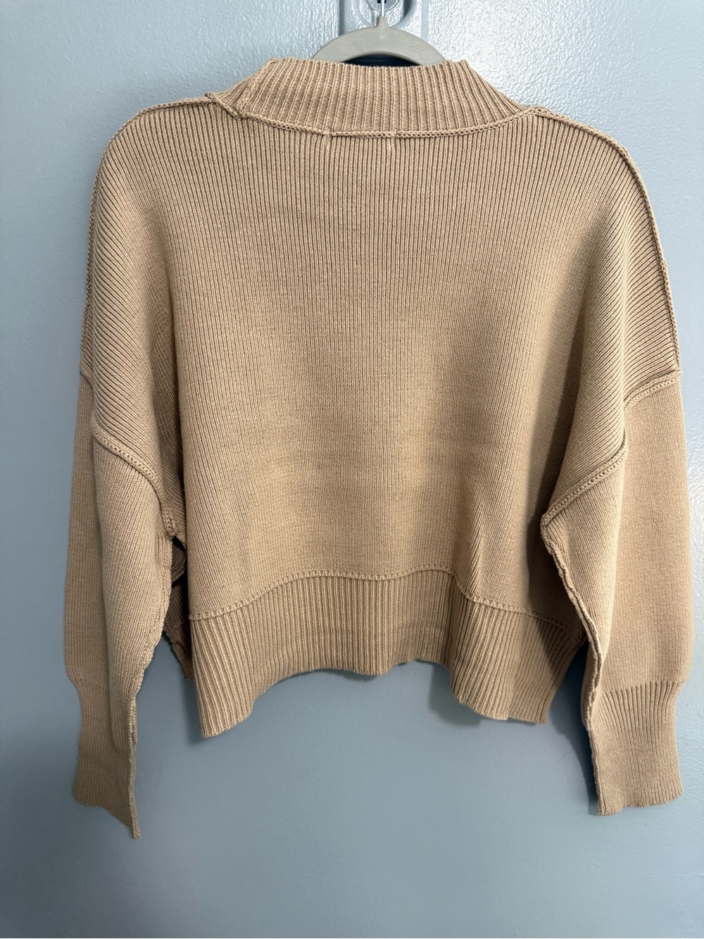 Zenana Oversized LT Mocha Mock Neck Cropped Sweater Exposed Seam Hi Low CC08 - Picture 5 of 6